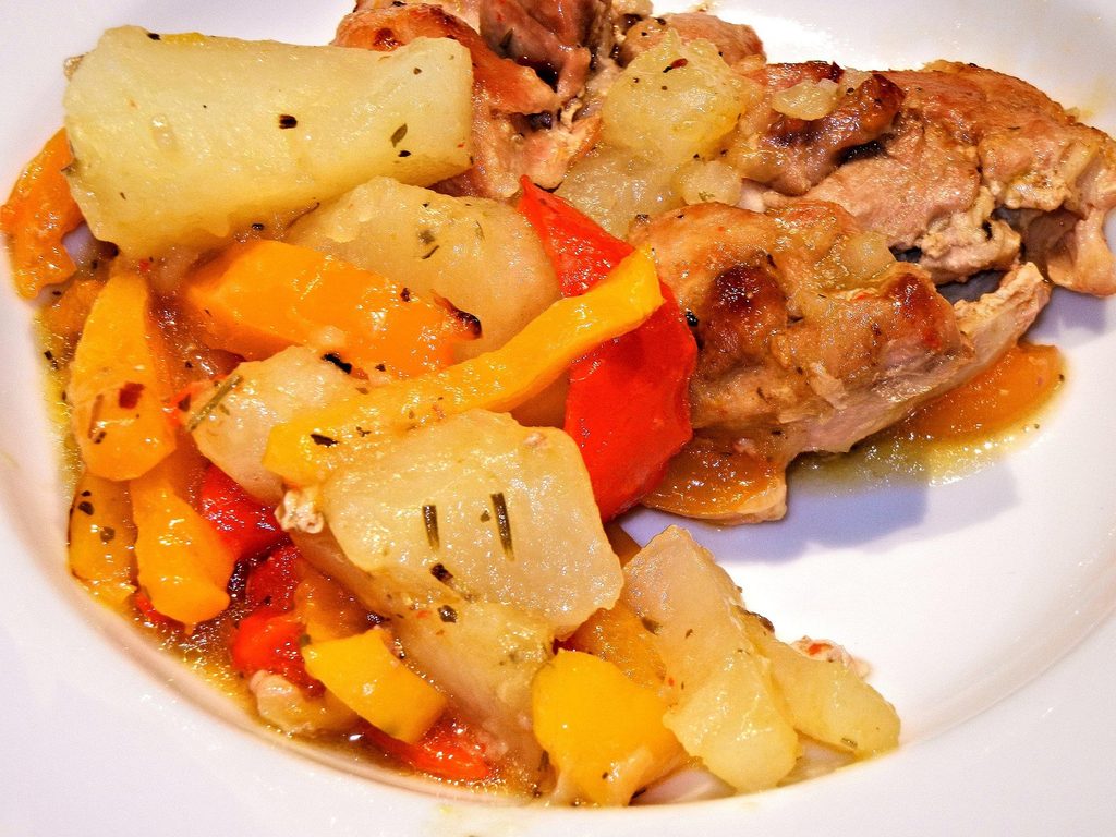Chicken and potato traybake, Monday's dinner in a $50 weekly meal plan
