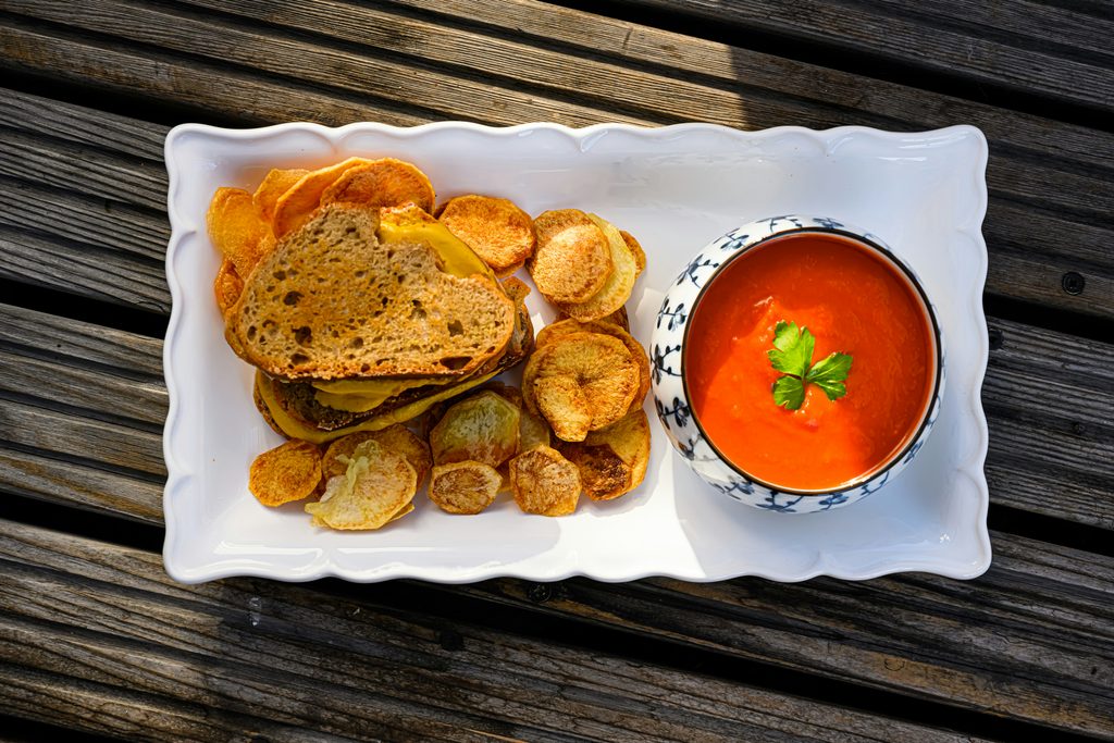 Grilled cheese and tomato soup, $4.57 for a family of four