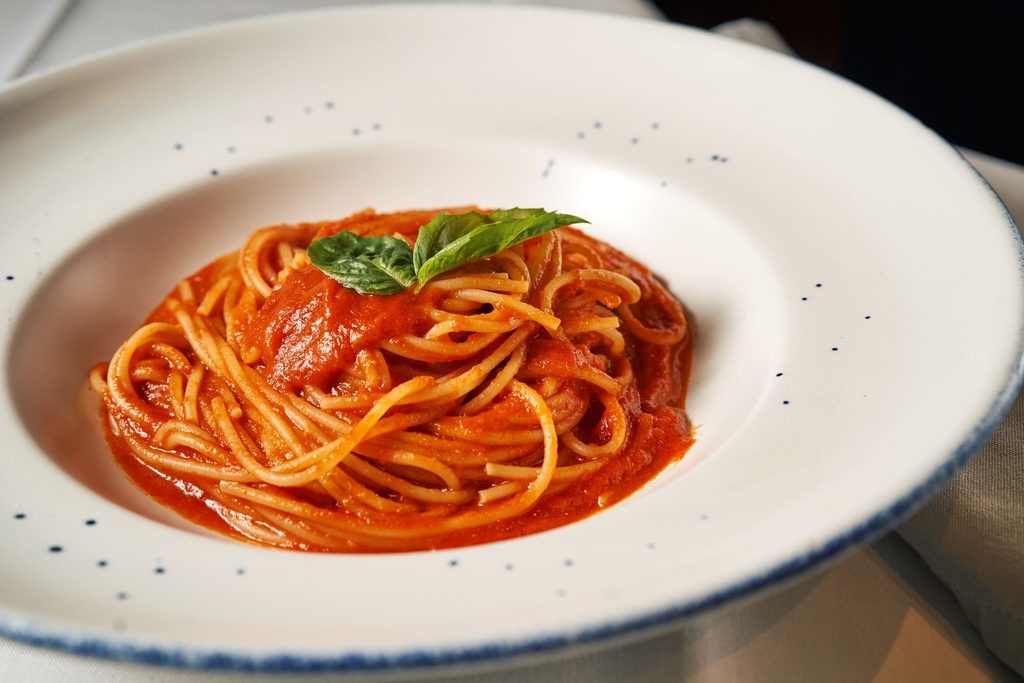 Pasta with tomato sauce, $4.26 for four