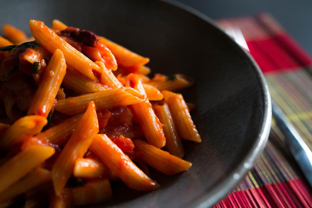 Pasta with canned tomato sauce, a pantry dinner for four